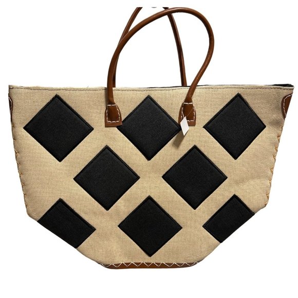 LARGE Diamond straw tan black tote bag NWT Summer beach pool farmer's market new - Picture 2 of 13